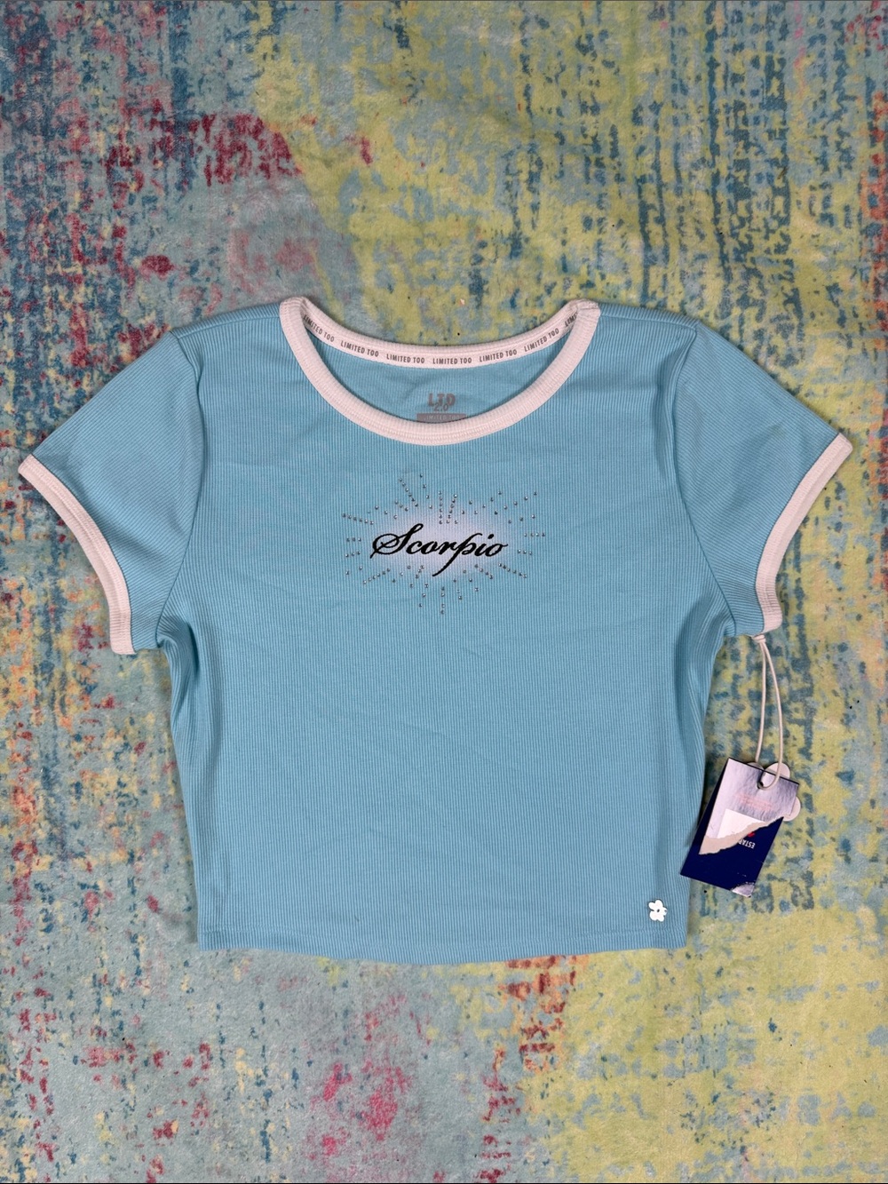 Limited Too Light Blue Tee with White Trim and Rhinestone Detail